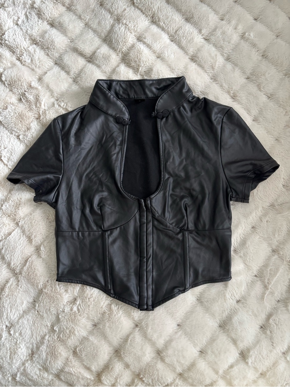 Women's Black Faux Leather Short Sleeve Crop Top